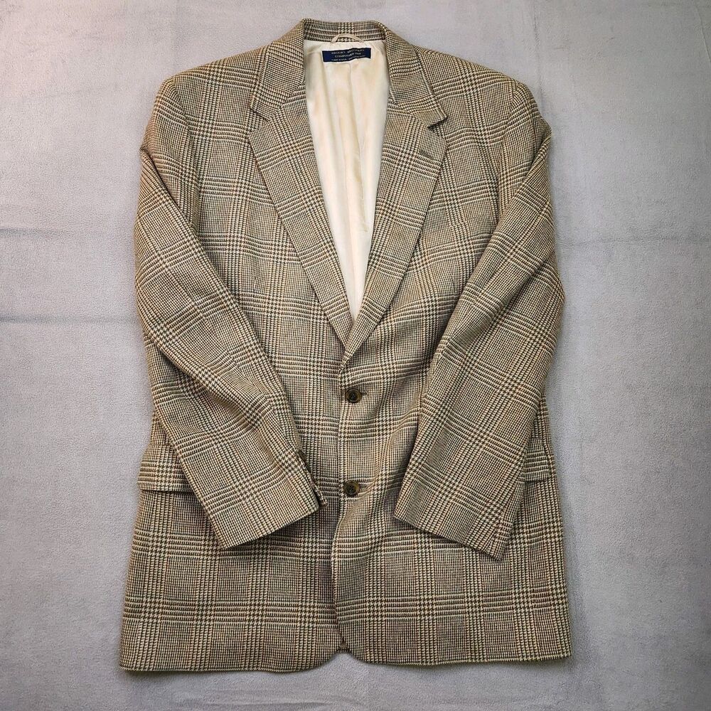 VTG Brooks Brothers Blazer Men 44L Beige Plaid Tweed Wool Sport Coat Made In USA